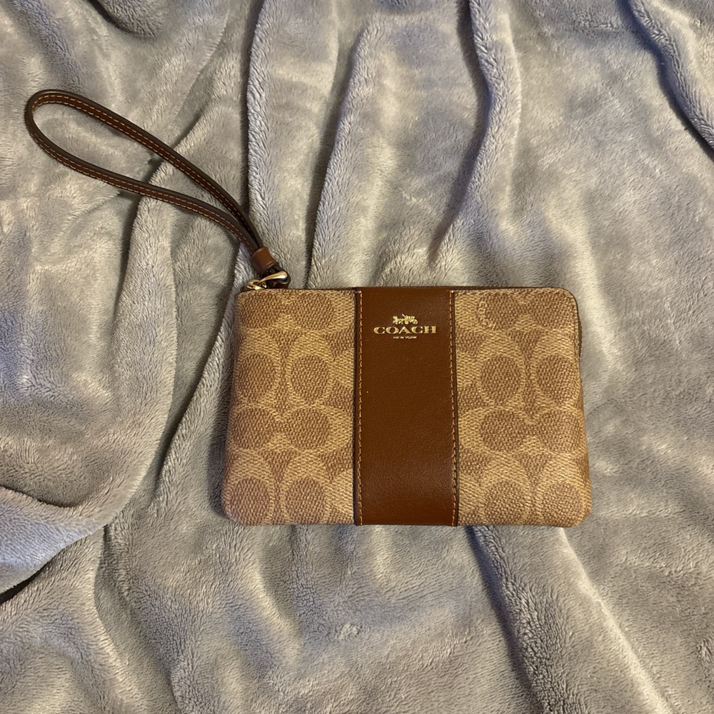 Coach Signature Tan and Brown Wristlet
